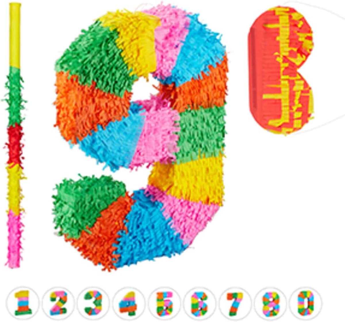 3-delige pinata set verjaardag, cijfer 9, stok met blinddoek, voor kinderen & volwassenen, om zelf te vullen, kleurrijk