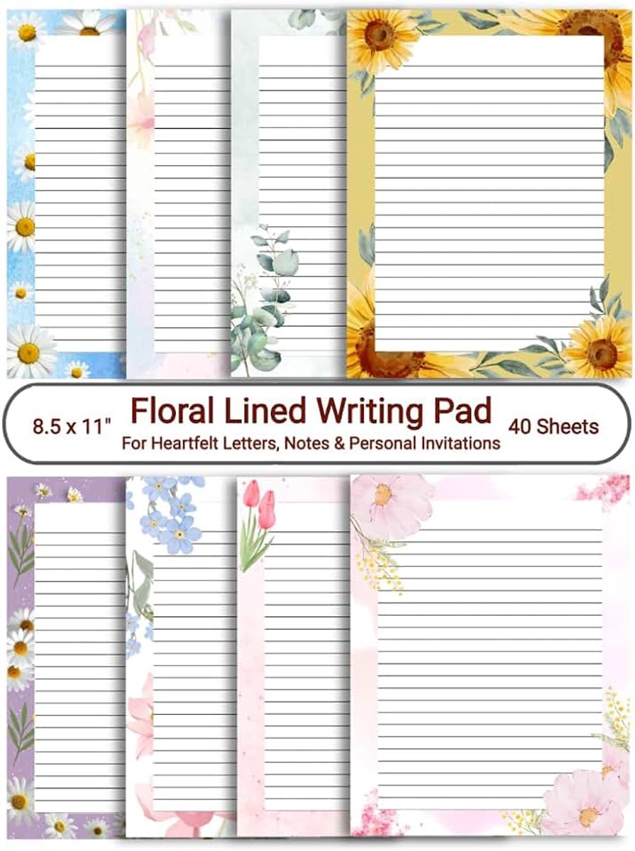8.5 x 11" Floral Lined Writing Pad – Watercolor Floral Writing Paper, Personalised Decorative Invitations, Letter Size Ruled Stationery: Single sided, 8 Designs, 40 Sheets