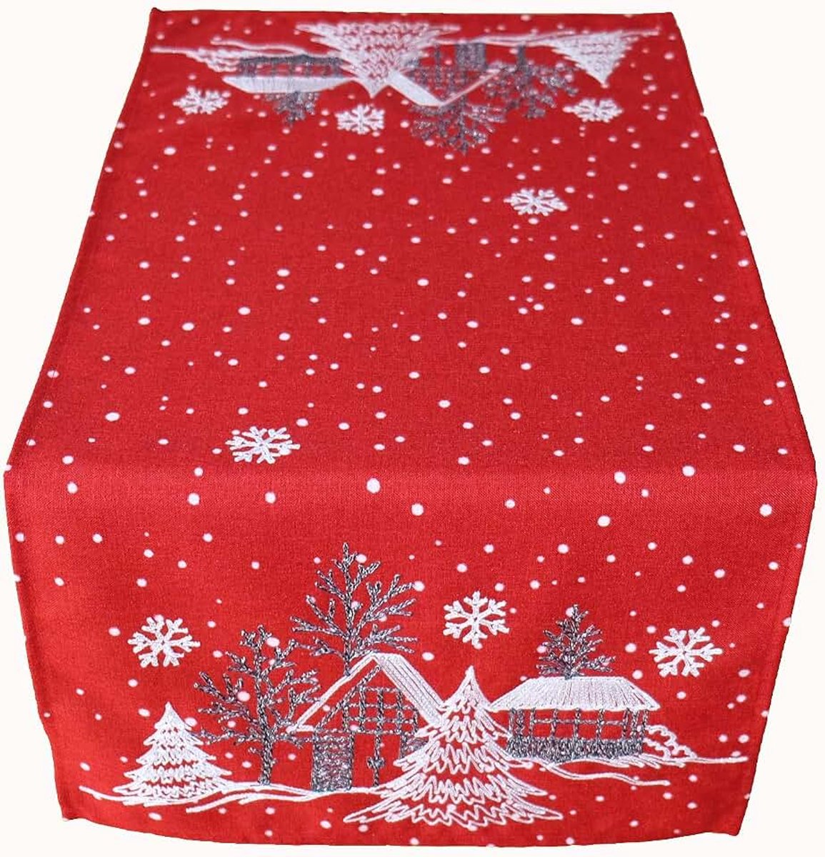 Tafelloper borduurwerk Winterdorf dennenboom kerst wit decoratie kersttafelkleed (rood-wit, 40 x 85 cm)
