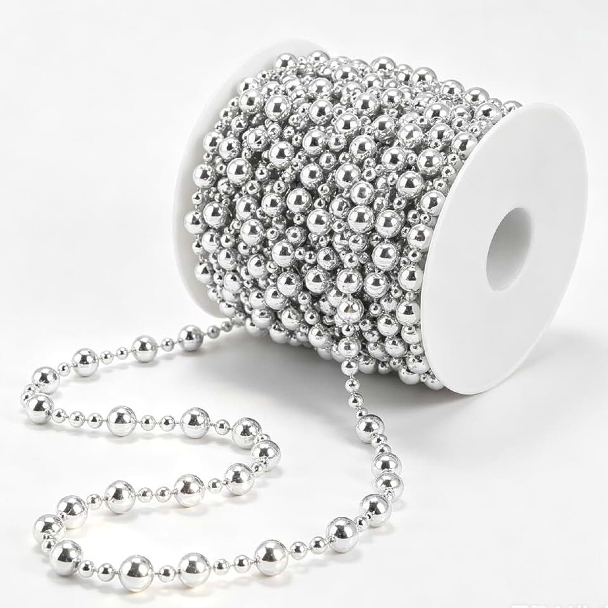 Kerstboom Kraal Garland, 65.6 Voeten Kunstmatige Parels String Parel Strengen Ketting voor DIY Geschenkverpakking Kerstversiering(Zilver)