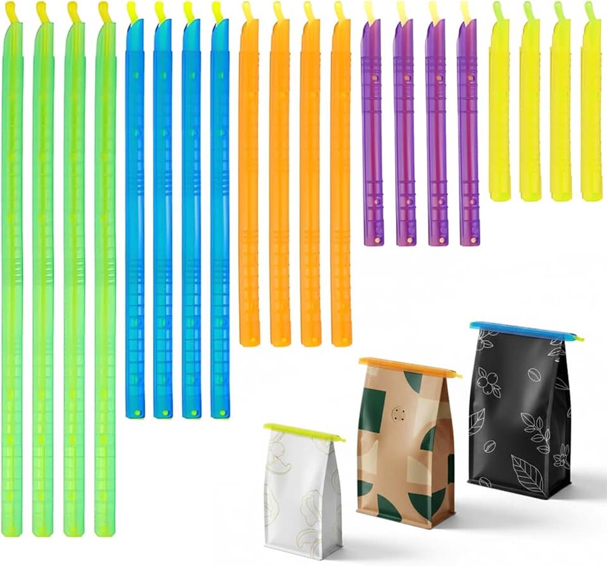 Sluitclips voor zakjes, 5 maten (9-29 cm) en 5 kleuren, ideaal voor snacks, snoep en het bewaren van levensmiddelen, vochtbestendige zakklemmen