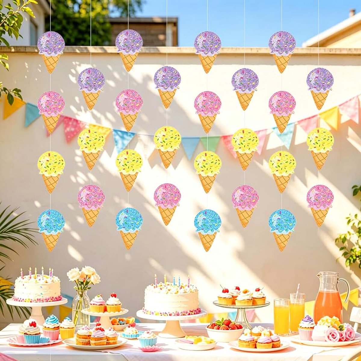 Ijsverjaardagsfeest pastel slinger decoratie ijsthema hangende draaiers papieren stroken feestsnoer zomer strand babyfeest gastgeschenk feestartikelen versiering