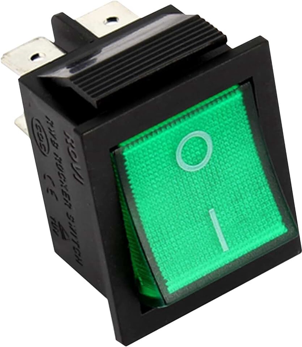 Schakelaar, lichtgroen, 250 V, 16 A, 4 Fastons, 6,3 mm, 22 x 30 mm | Zwarte behuizing. MONTERAL