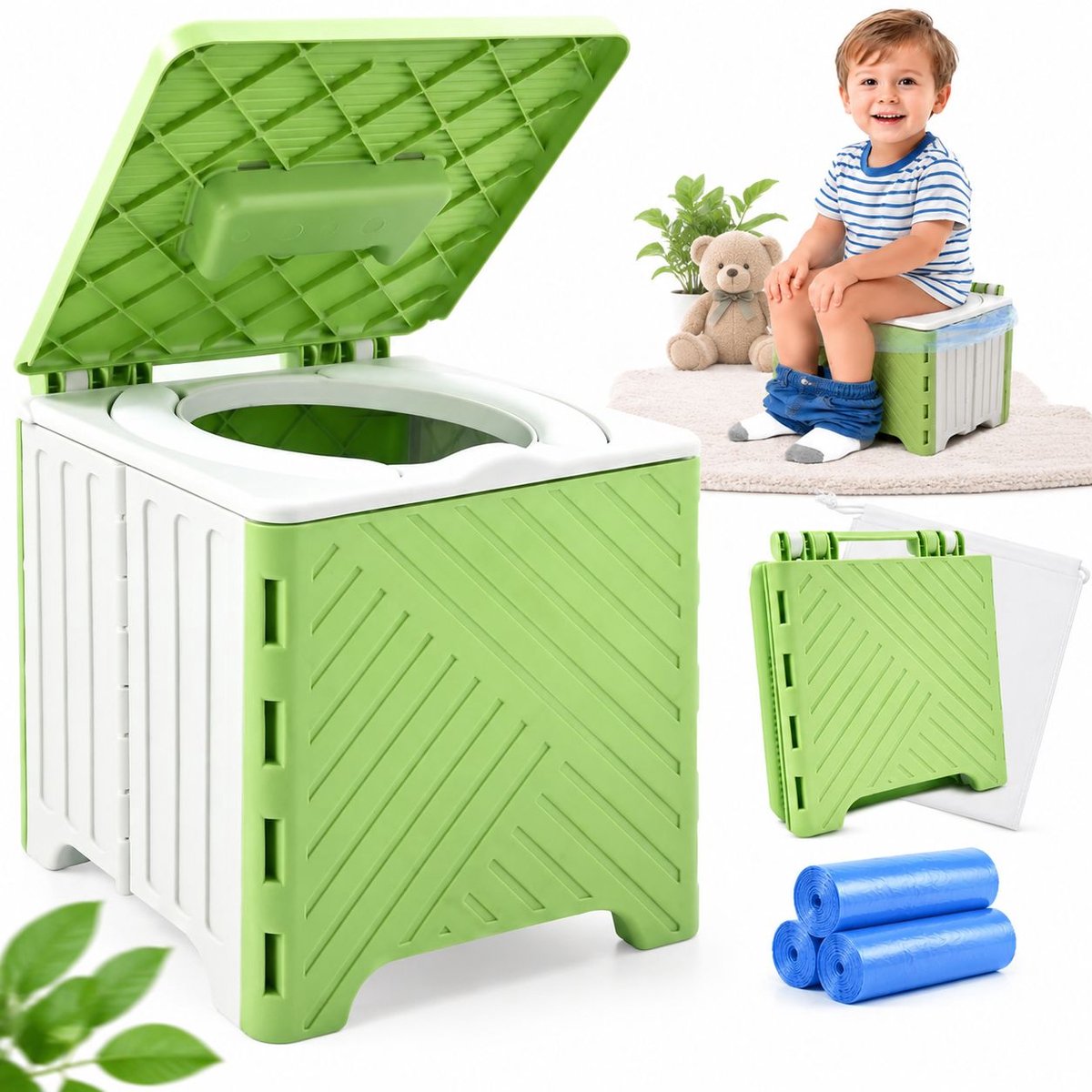 VHV - WC potje peuter - Opvouwbare kruk - Met schoonmaakzak - Draagbaar - Antislip & Uitneembare binnenkant - Reiswc-bril voor kinderen - Geschikt voor kamperen en reizen