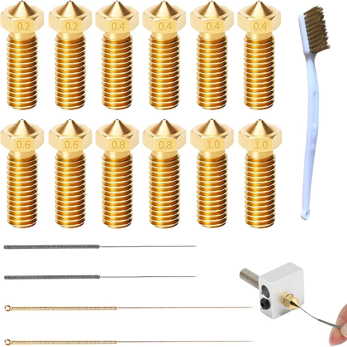 Complete set van 12 3D printer nozzles in messing van 0.2 mm tot 1.0 mm - compatibel met 1.75 mm filament - accessoires voor FDM printers inclusief reinigingsnaalden en borstel