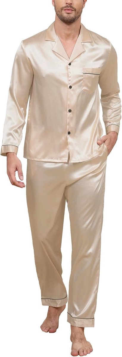 Herenpyjama van zijdesatijn, tweedelige complete set met overhemd met lange mouwen en knopen en elegante broek met zakken luxe homewear