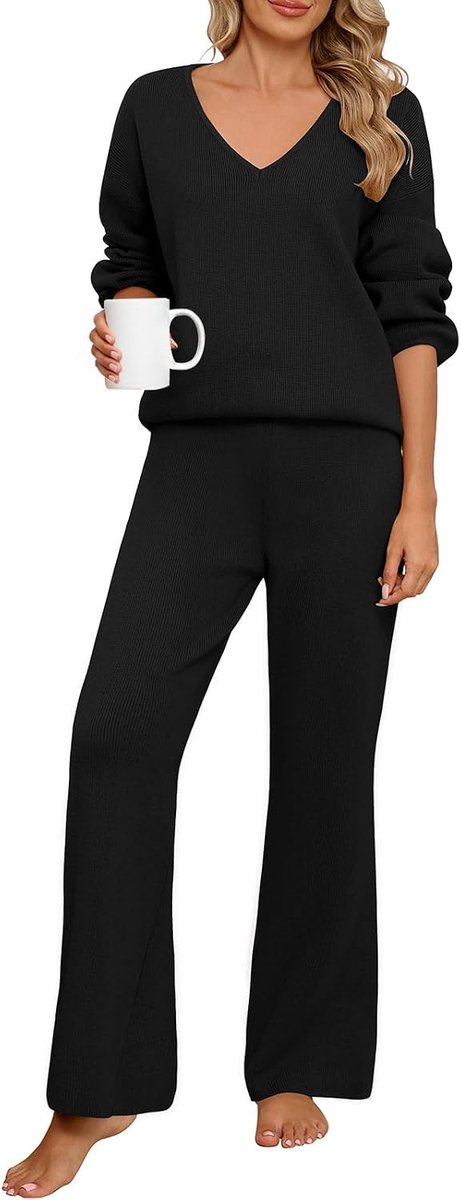 trainingspak voor dames, elegant trainingspak, huispak, behaaglijk lange mouwen, casual trainingspak, loungewear, set, geribbeld, V-hals, 2-delig vrijetijdspak met gebreide trui