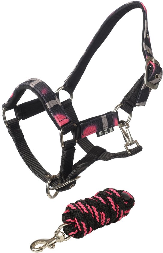 Zwart halster met roze ruitpatroon en bijpassend roze met zwart gevlochten halstouw.