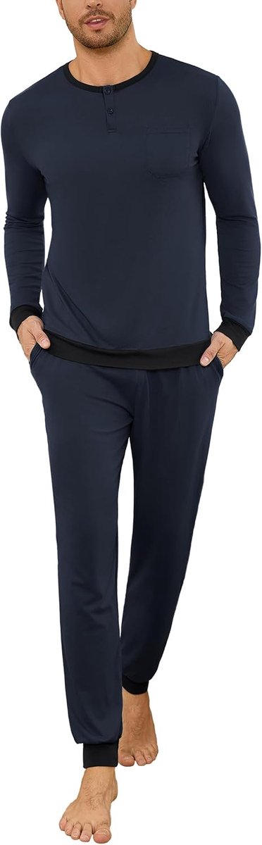 Pyjama voor heren, lang, met manchetten, contrasterende kleuren, katoenen pyjamaset, lange mouwen, nachtkleding, S-4XL