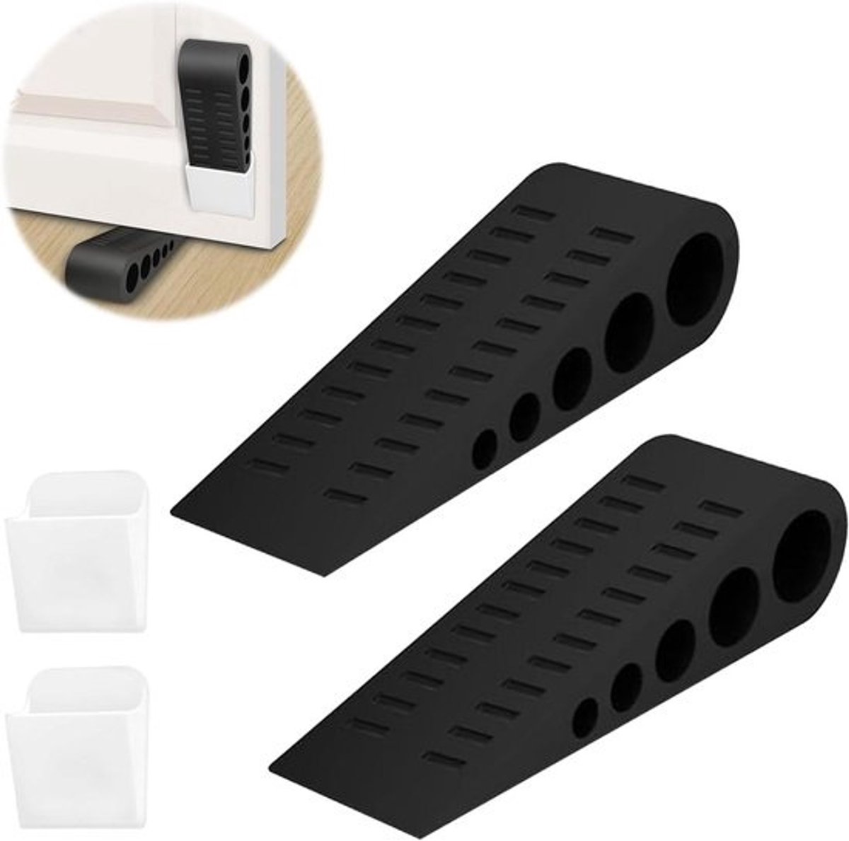 Rubber Door Stopper Floor Wedge - Durable Non-Slip Heavy Duty for Bathroom, Balcony, Patio, Kids - Black (2 Pcs)