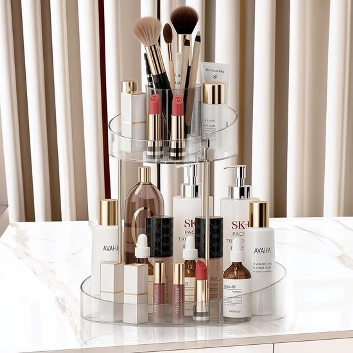 Handige 360° Draaibare Make-up Organizer met Dubbele Lagen voor Badkamer en Slaapkamer