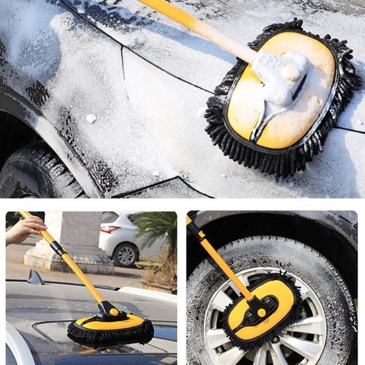 Autowasborstel - Wasborstel Autoborstel - Auto Reinigen - Uitschuifbare Telescoopsteel - 102 cm - Zwart Geel