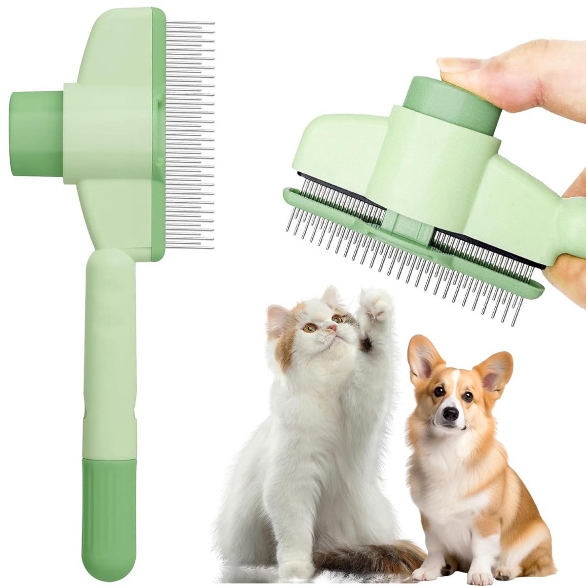 Zelfreinigende katten ontklitborstel met releaseknop – ABS en roestvrijstalen afgeronde pin slicker voor katten en honden, verwijdert losse haren en klitten