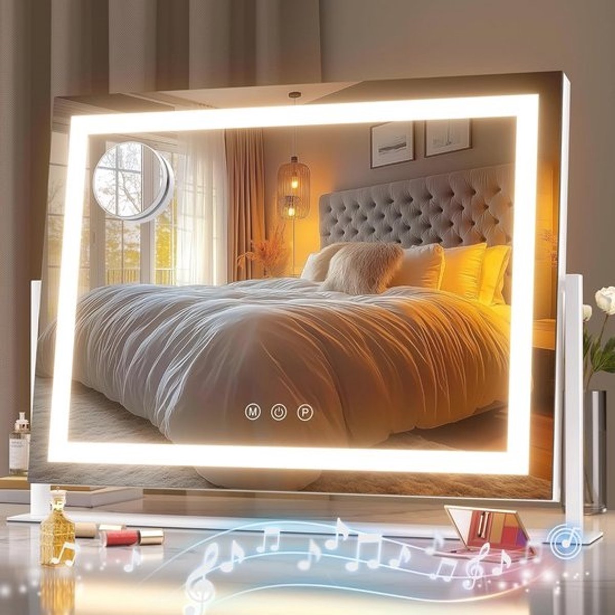 Make-upspiegel met Verlichting en Bluetooth-Luidspreker - Dimbare LED Oplichtspiegel met 10x Vergroting en Smart Touch