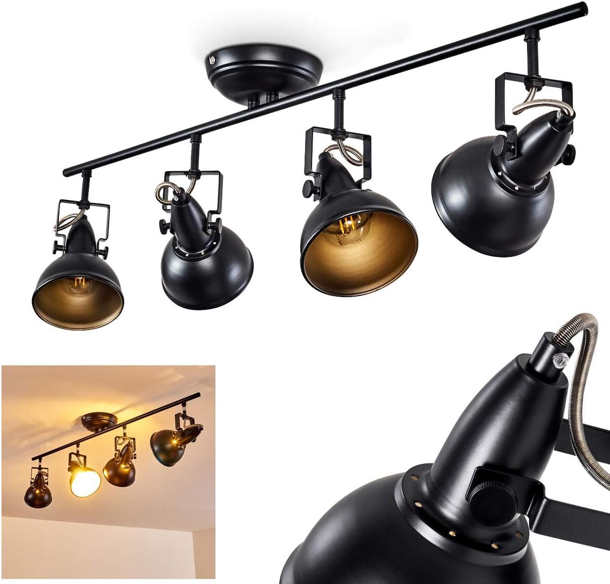 Plafondlamp Tina, metalen plafondlamp in zwart/goud, 4-lichts, met verstelbare spots, 4 x E14 fitting, retro/vintage design spot, zonder gloeilampen