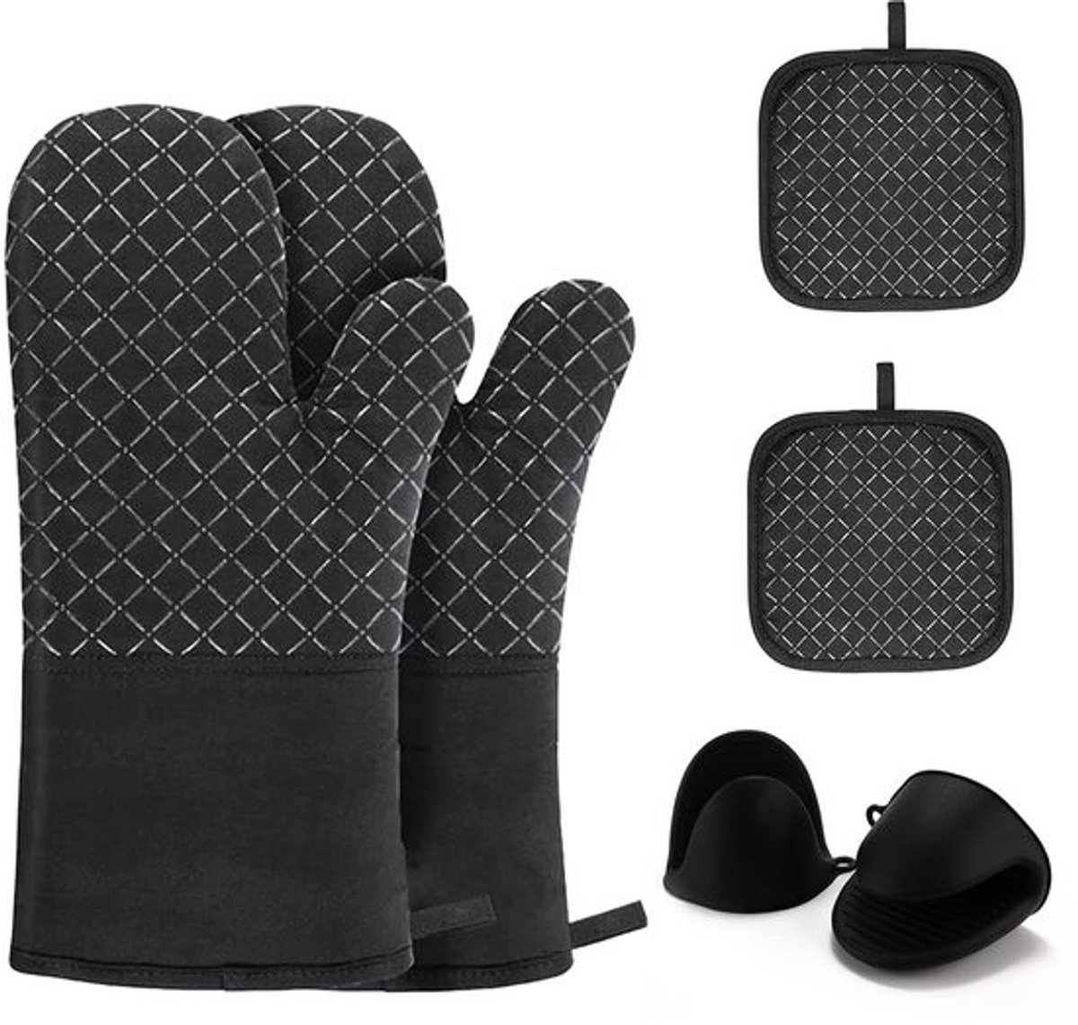 Hittebestendige ovenhandschoenen set - antislip, veelzijdig - set van 6 - zwart - 100% katoen