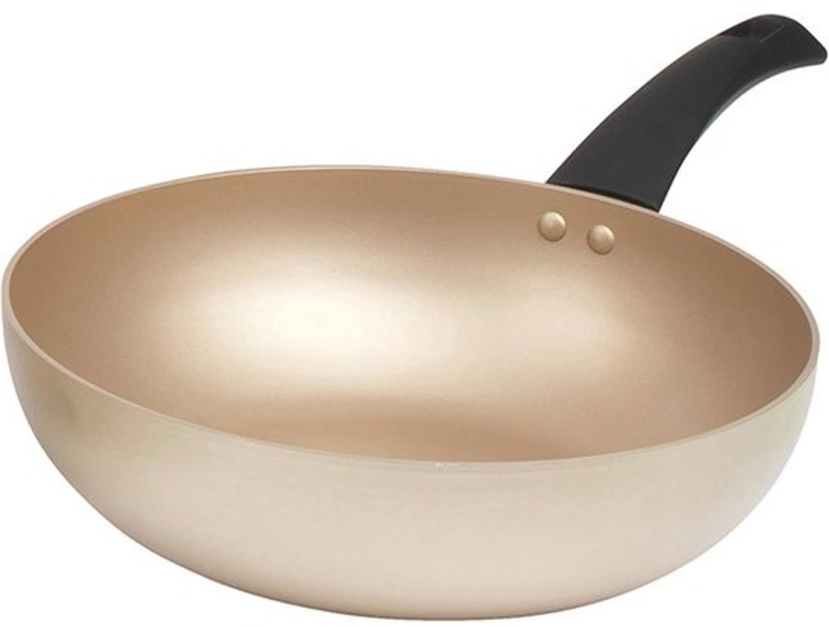 28cm Wokpan - Geschikt voor Alle Hob, Inclusief Inductie, Antiaanbaklaag, Eenvoudig schoon te maken, Aluminium, Comfortable Handgrepen, PFOA Vrij, Zwart/Goud