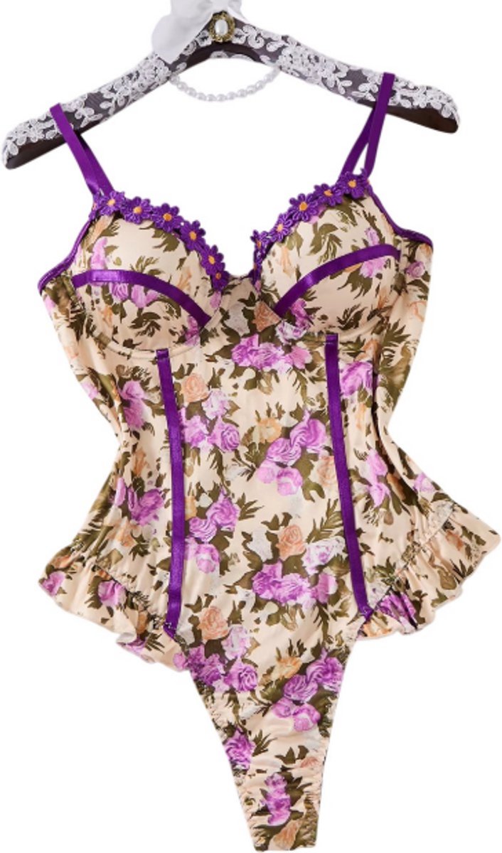 Dames Onesie met Bloemenprint – Zachte en Comfortabele Jumpsuit voor Dames, Meerkleurige Loungewear en Nachtkleding - Paars - Maat M