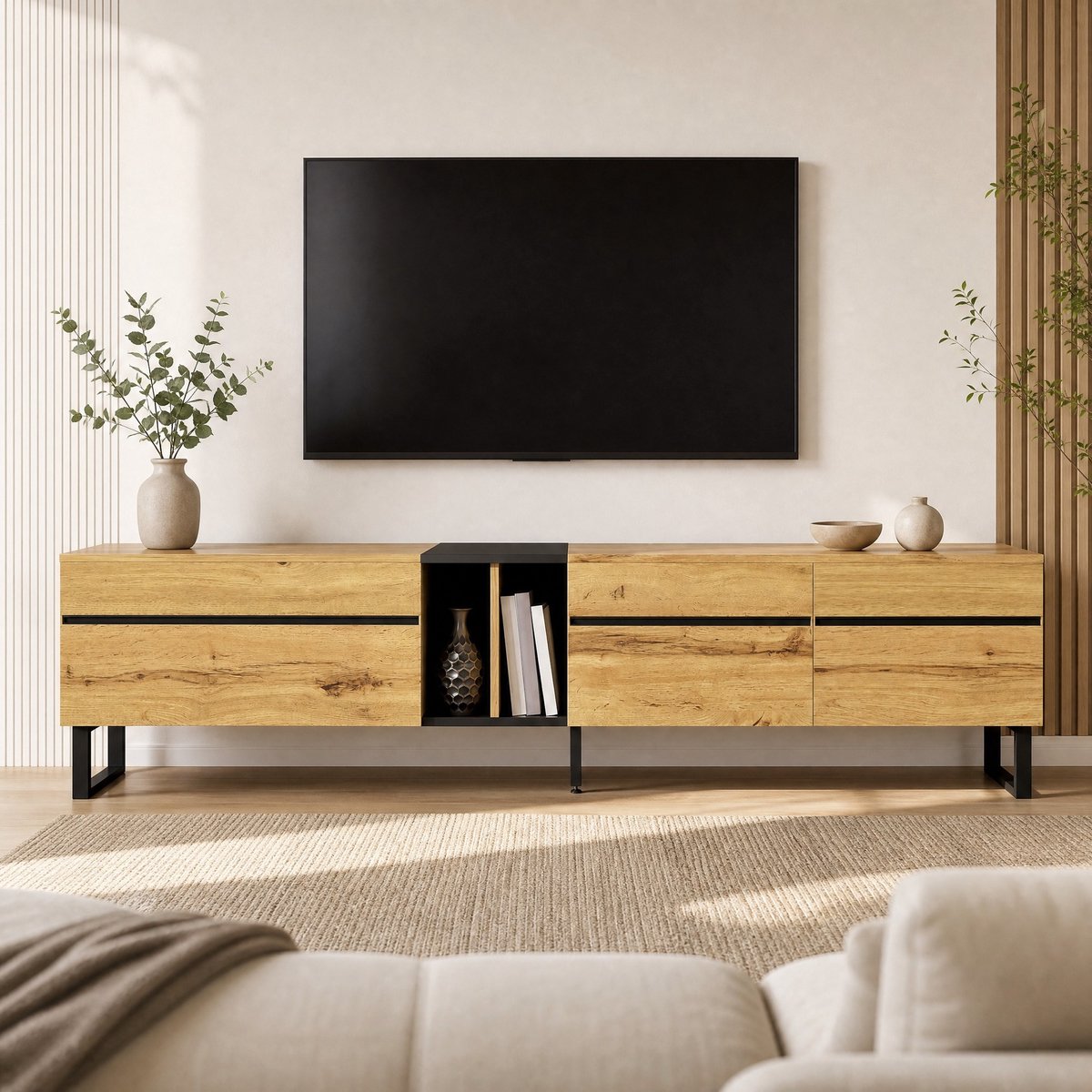 MEUNIQ TV-meubel 180 cm met klepvak, open apparaatvak en twee gesloten deurvakken, verstelbare poten voor woonkamer, houtkleur