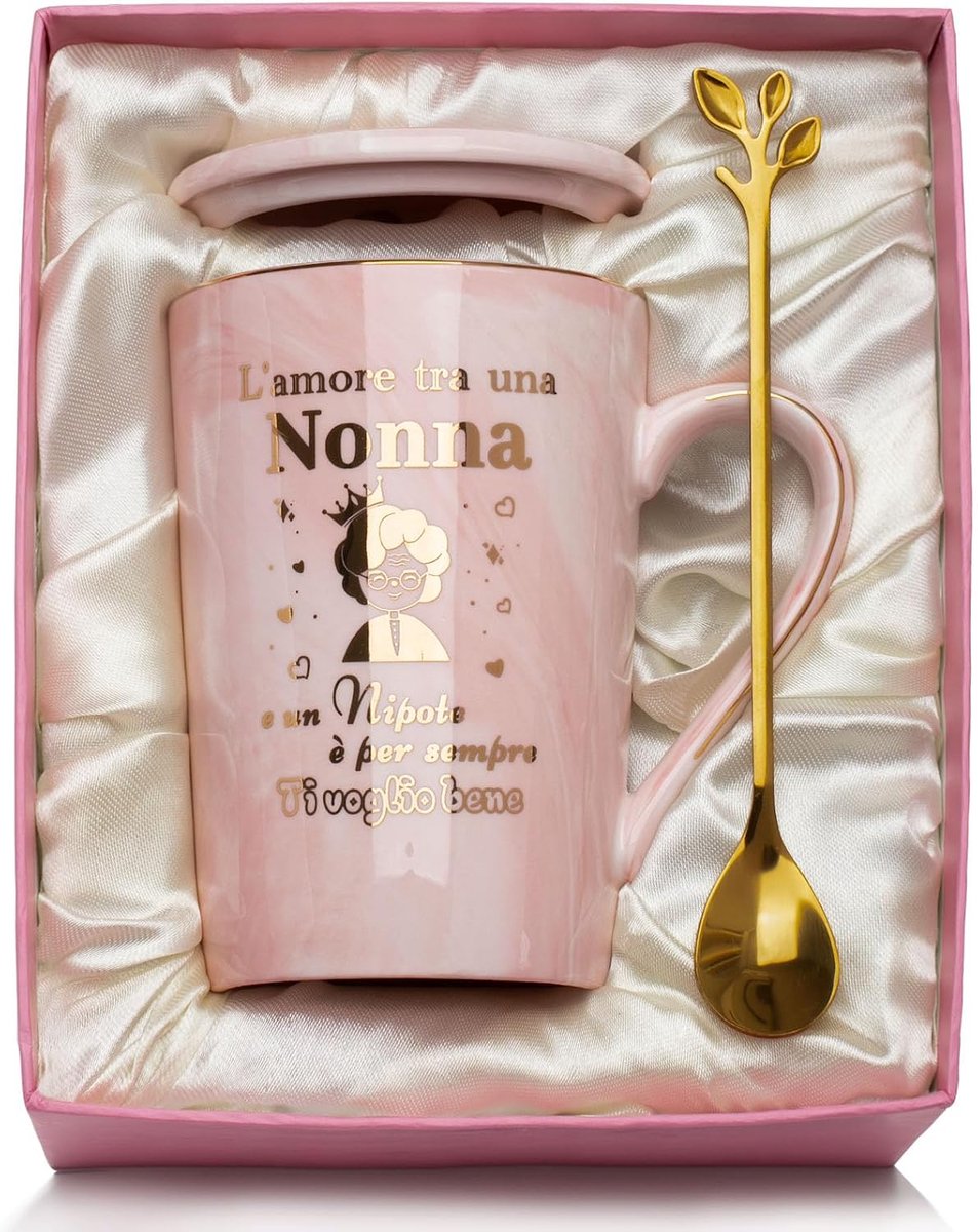 Gift - 350 ml roze marmeren keramische mok, nuttig cadeau oma verjaardag, cadeaus voor grootouders, oma cadeau-ideeën, oma kerstcadeau, met deksel, lepel, kaart, geschenkdoos