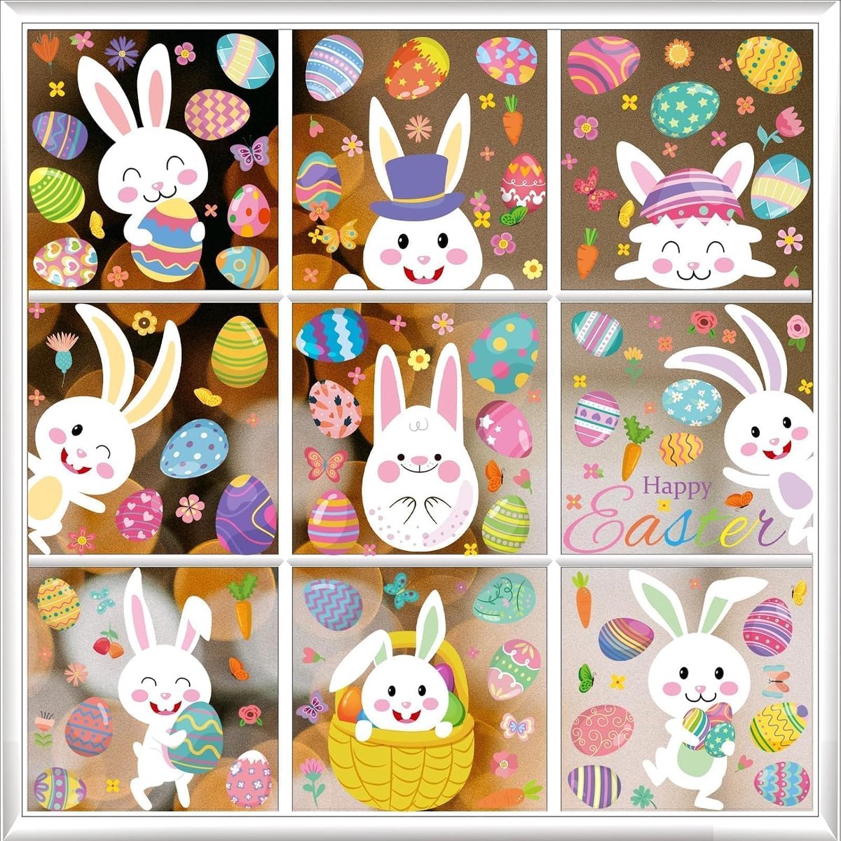 Raamstickers, pvc-statische stickers, paasdecoratie, ambacht, Happy Easter stickers, paasdecoratie, raamstickers met konijn, eieren, wortel (B)