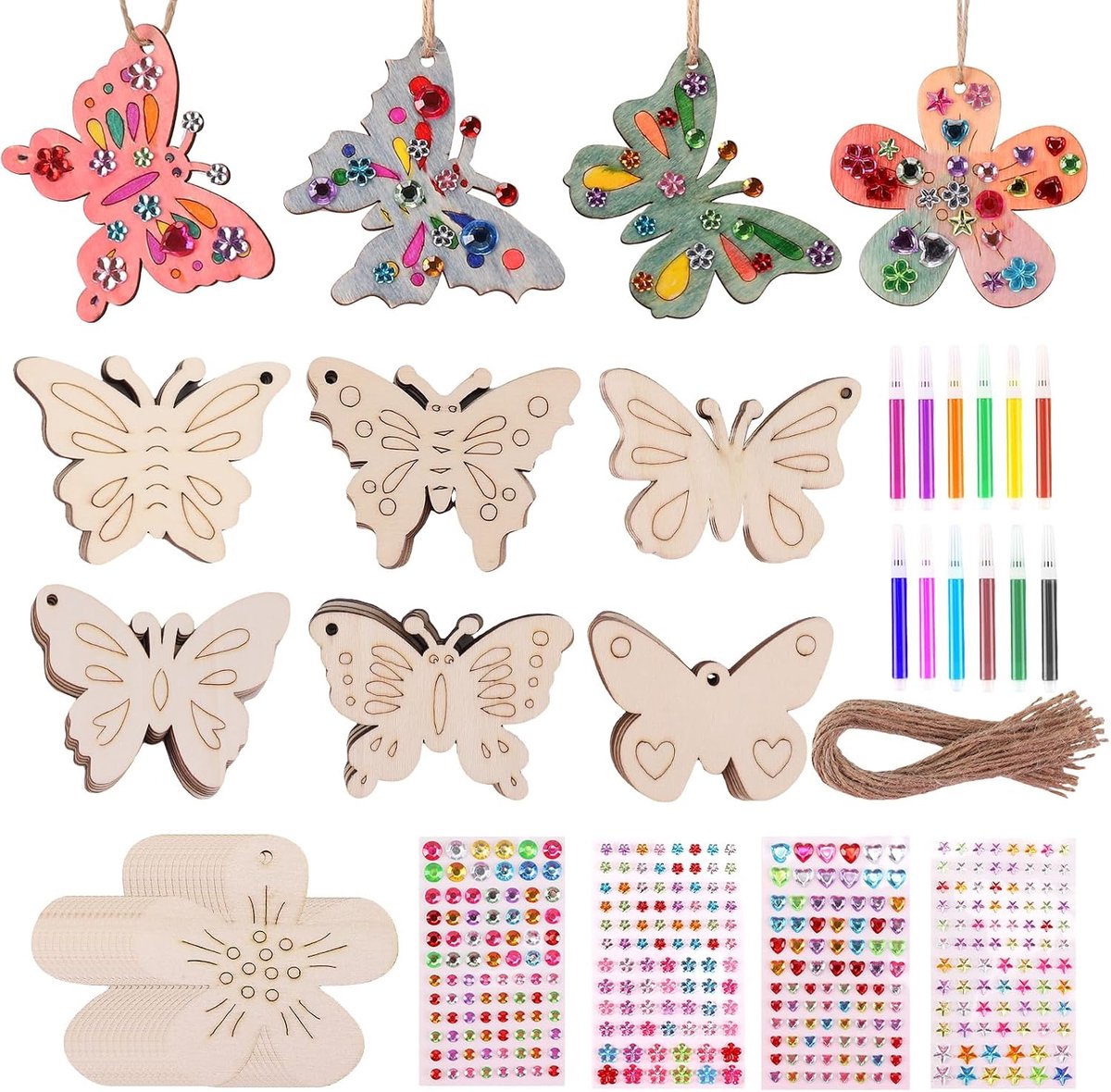 46 stuks knutselset voor kinderen, kinderverjaardag, knutselset, houten hangers om te beschilderen, houten knutselsets, lente, houten bloemen, vlinder, lenteknutselen, meisjes, verjaardagsfeest vanaf