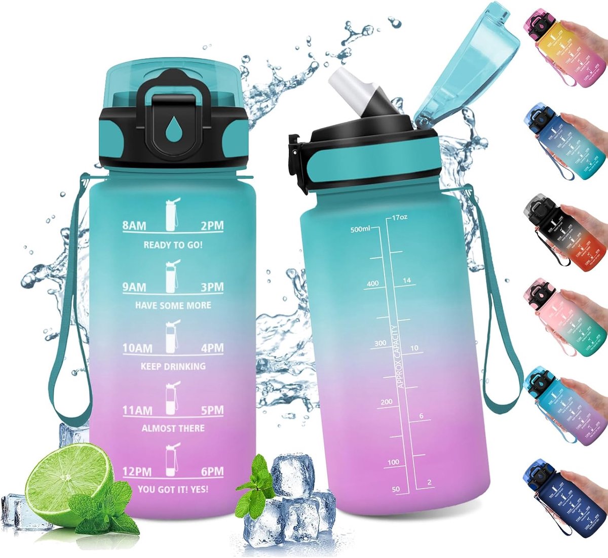 500 ml, herbruikbare fles, drinkfles met rietje, lekvrije waterfles, waterfles met tijdweergave, flessen voor kinderen, fiets, school, fitness, sport