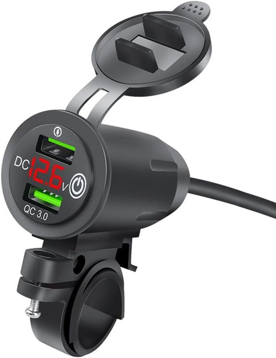 USB-aansluiting, 12 V/24 V autolader met dubbele QC 3.0 USB-aansluiting, autolader met led-voltmeter, voor motorfiets, camper, auto, vrachtwagen