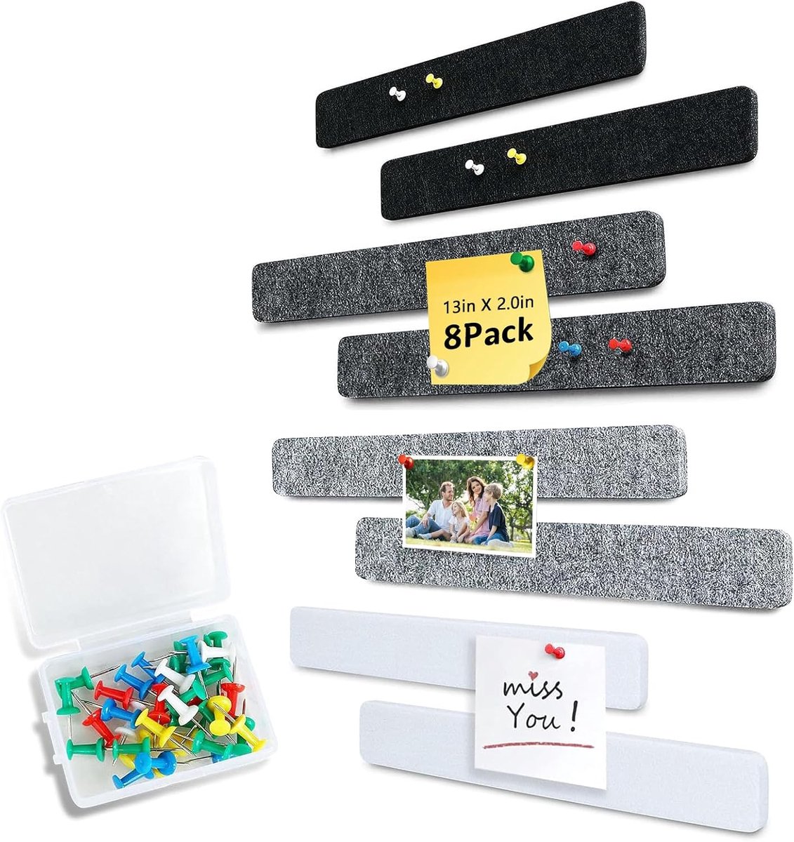 8 stuks, alternatieve viltstrip, 33 x 5 cm, vilten prikbord, zelfklevend met 50 drukknoppen voor thuiskantoor, memobericht (4 kleuren)