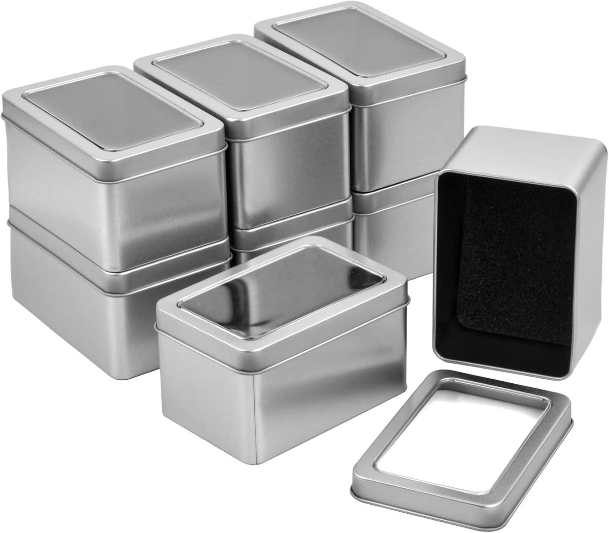 8 stuks mini-metalen dozen met deksel, rechthoekige containerbox zonder scharnieren, organizer van zilver van ijzer met transparant deksel voor snoep, 107 x 72 x 60 mm