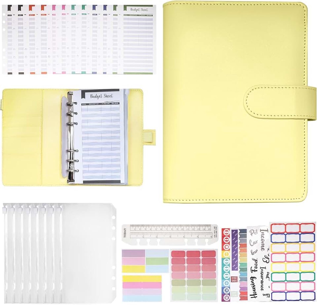 Binder A6 Financieel Planner met 8 Ritsvakken Geel | PU leder, 12 budgetbladen, contant geld beheer, uitgavenplanning, reisorganisatie, met liniaal en stickers