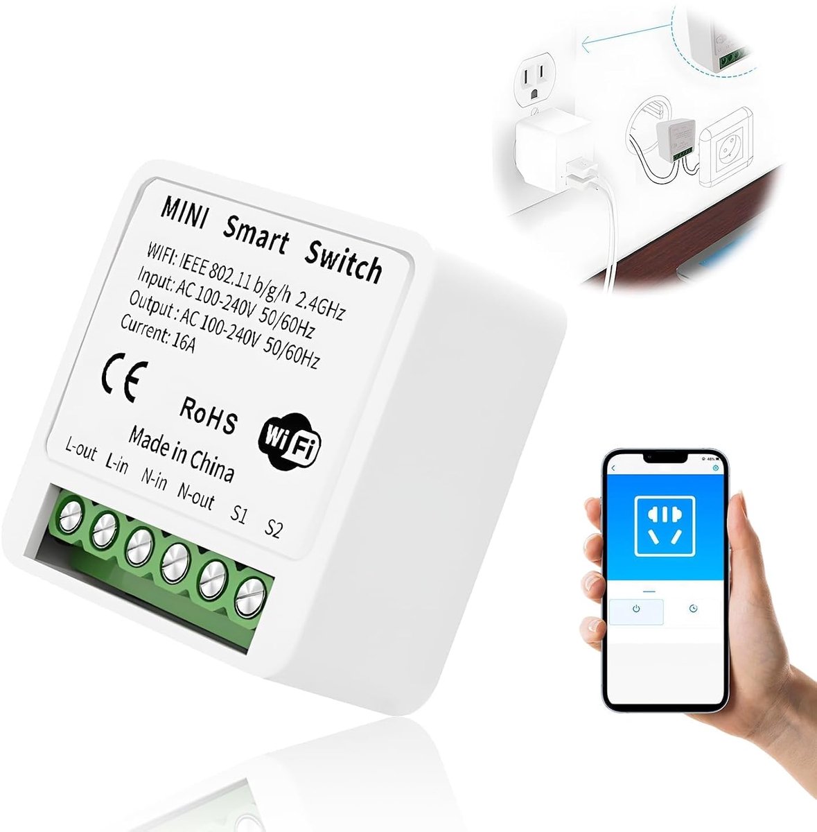 16 A, wifi-relais, inbouw voor licht, intelligente schakelaar, compatibel met Alexa Google Home, bediening via Smart Life/Tuya, 2,4 GHz, nuldraad vereist