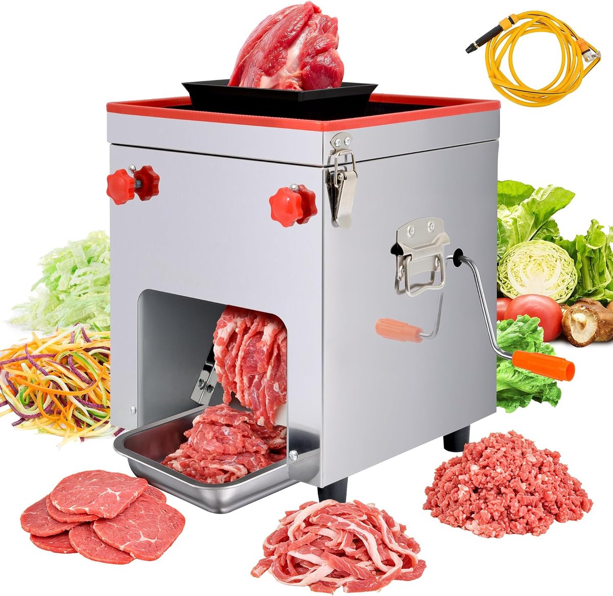 Roestvrijstalen vleessnijmachine, 850 W, 220 V, vleessnijder, 150 kg/h, 3-in-1 allessnijder, schijven, strips, hakselsnijden, voor vlees, vis en groenten, voor huishouden, restaurant