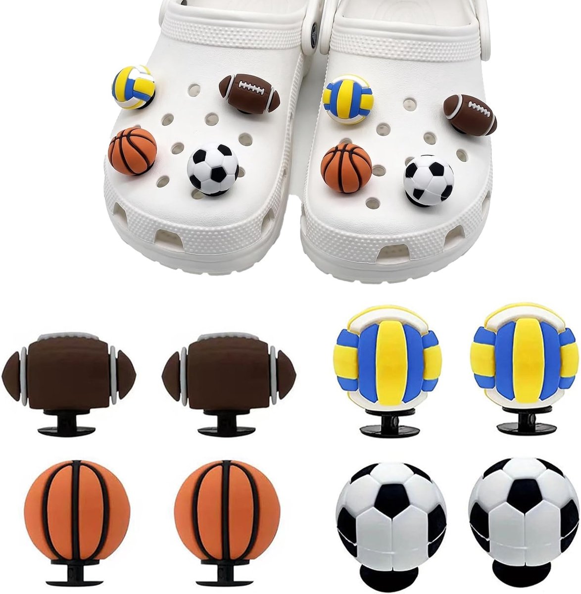 8 stuks spelden voor sport, voetbal, basketbal, tennis en rugby, versieringen voor schoenen van pvc, grappige accessoires voor kinderen en volwassenen, doe-het-zelf schoendecoratie