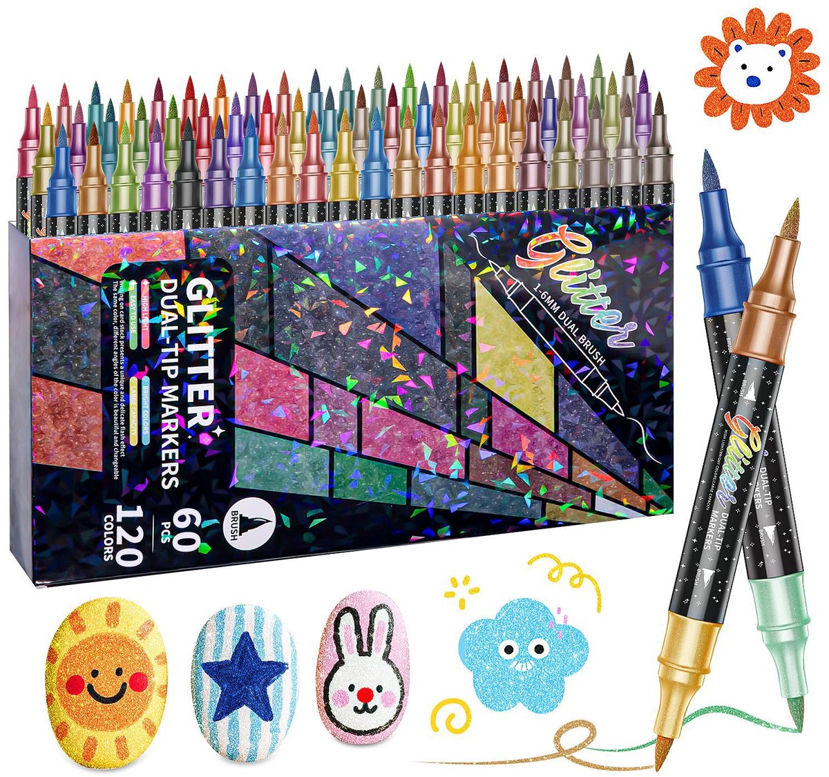 Glitterstiften met twee uiteinden en twee kleuren, sneldrogend, geschikt om mee te tekenen/knutselen, te gebruiken op steen, glas, hout, stof en paaseieren,60 stuks (120 kleuren)