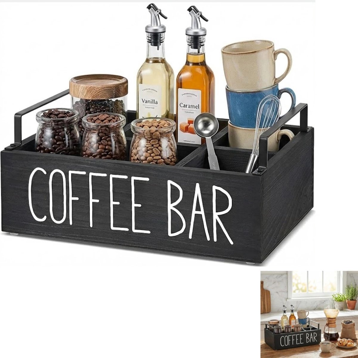 Koffieopbergdoos, thee-opslag, koffiebar, met 3 vakken, geschikt voor het opbergen van koffie- en theezakjes thuis of op kantoor, zwart