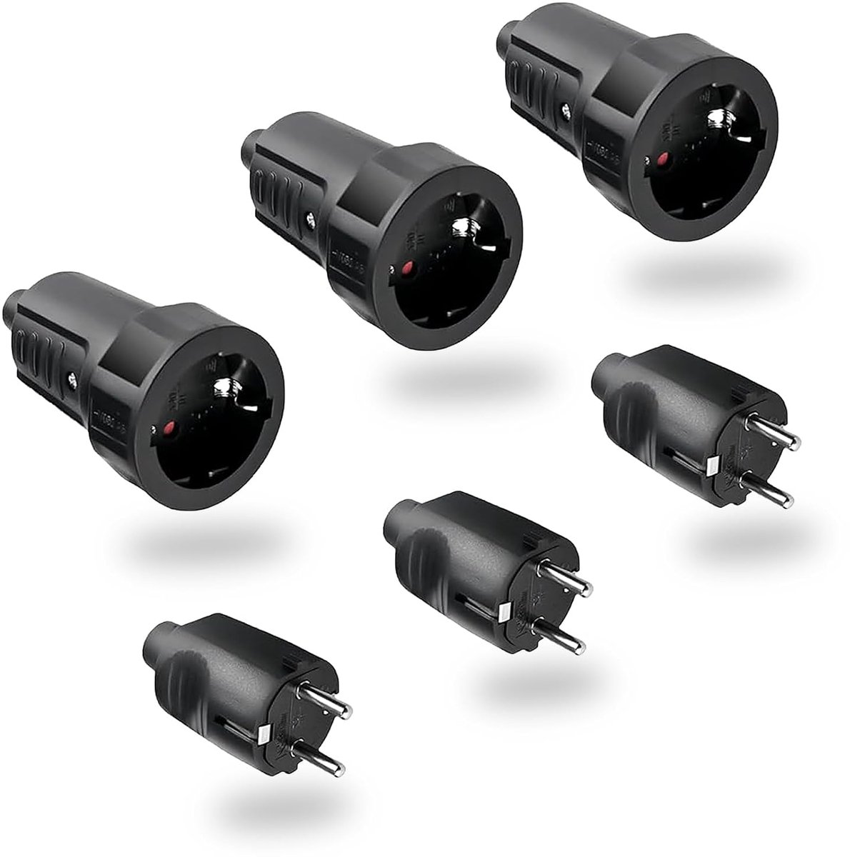3 paar elektrische adapters, stekker en bus, koppeling, 250 V, 6 A, IP44, verloopstuk, stopcontact, 2-pins Schuko-stopcontacten, bedrading, ronde stekker (zwart)