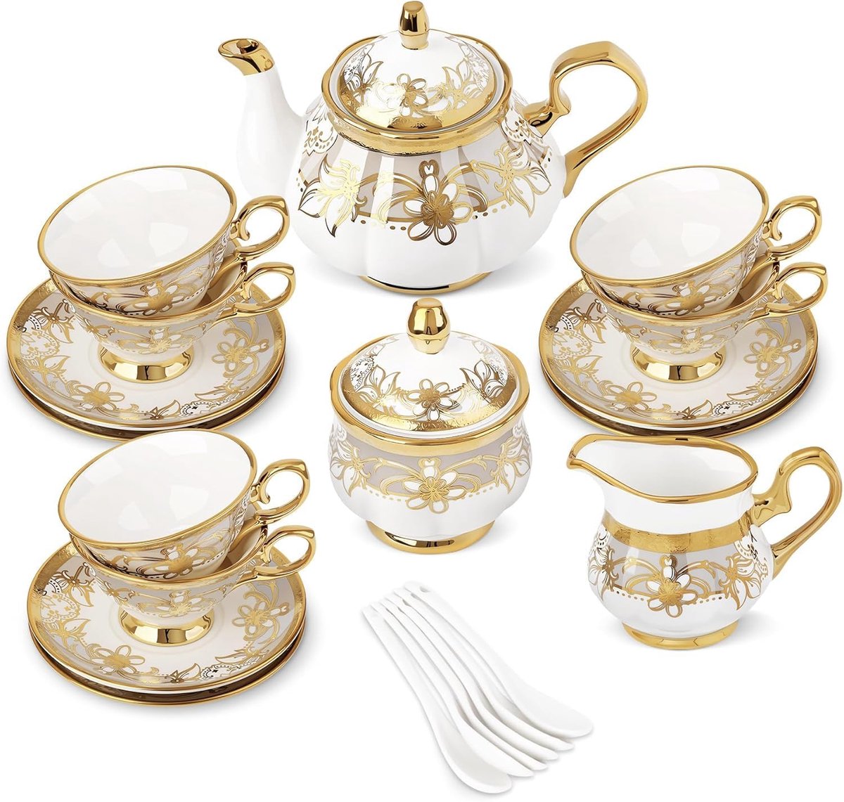Fanquare 21 stuks porseleinen theeservies met suikerpot, melkkannetje, mok en schoteltjes voor 6, koninklijke bloemen, koffieservies met gouden afwerking voor feest, bruiloft