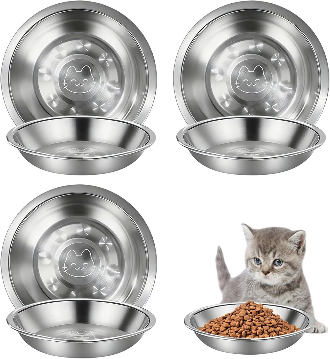 6 stuks kattenbak roestvrij staal, kattenvoerbakset, 16 cm roestvrijstalen kattenbak, plat voor kleine honden en katten