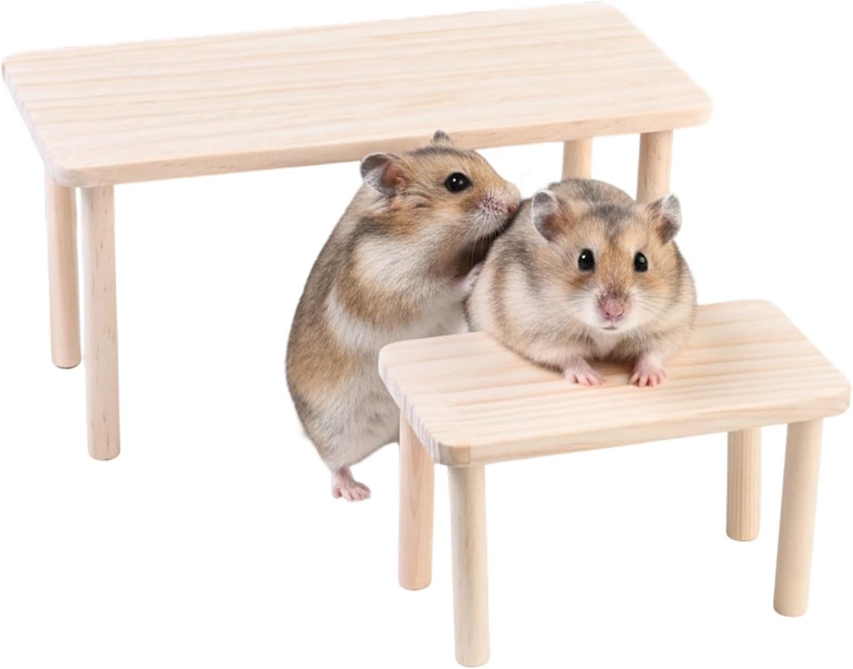 2 stuks hamsteraccessoires, hamsterspeelgoed, etage voor hamsters, konijnen, cavia's, natuurlijk grenenhout, platform voor kooi-activiteiten en klimmen