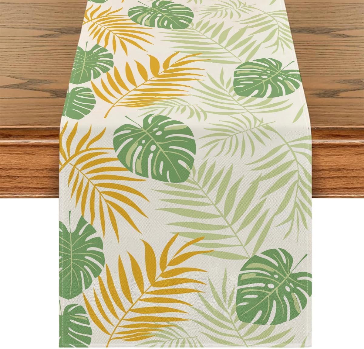 Tafelloper, geel, groen, 40 x 200 cm, wasbaar, polyester, linnen, tropische bladeren, monstera-bladeren, vuilafstotend, elegant, decoratief, voor vakantie, bruiloft, feest, keuken