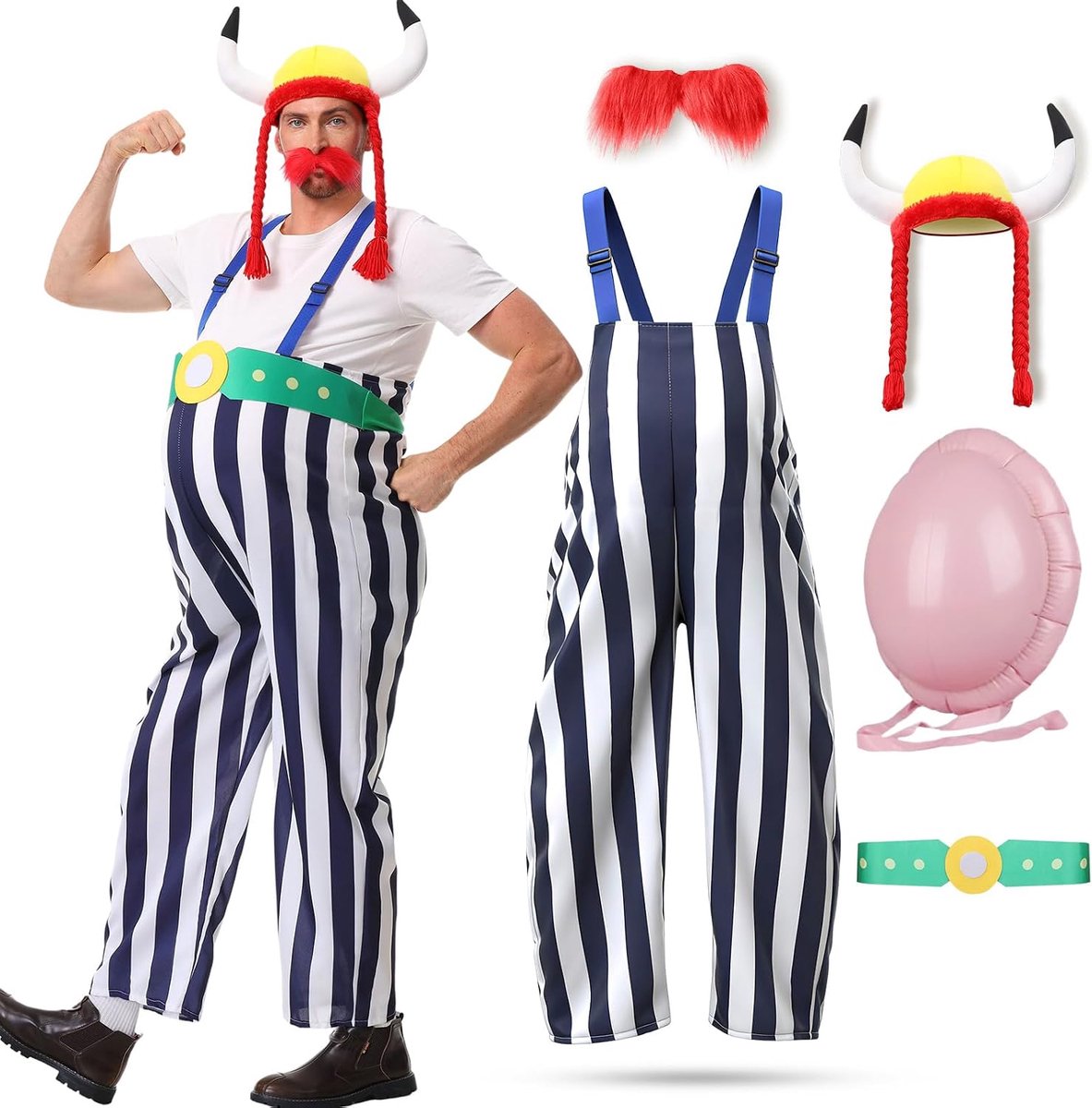 Kostuum voor heren, blauw-wit gestreept kostuum, buikvormig karakter, kostuum met buikkussen, Vikingpruik en rode baard, kinderhelden, carnavalskostuum