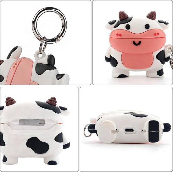 Hoesje voor AirPods 4, AirPods 4 koeienhoes, siliconen, cartoon, AirPods 4 generatie, Kawaii 3D koe AirPods 4 hoesje grappig dier beschermhoes met karabijnhaak (AirPods 4) — afbeelding 5