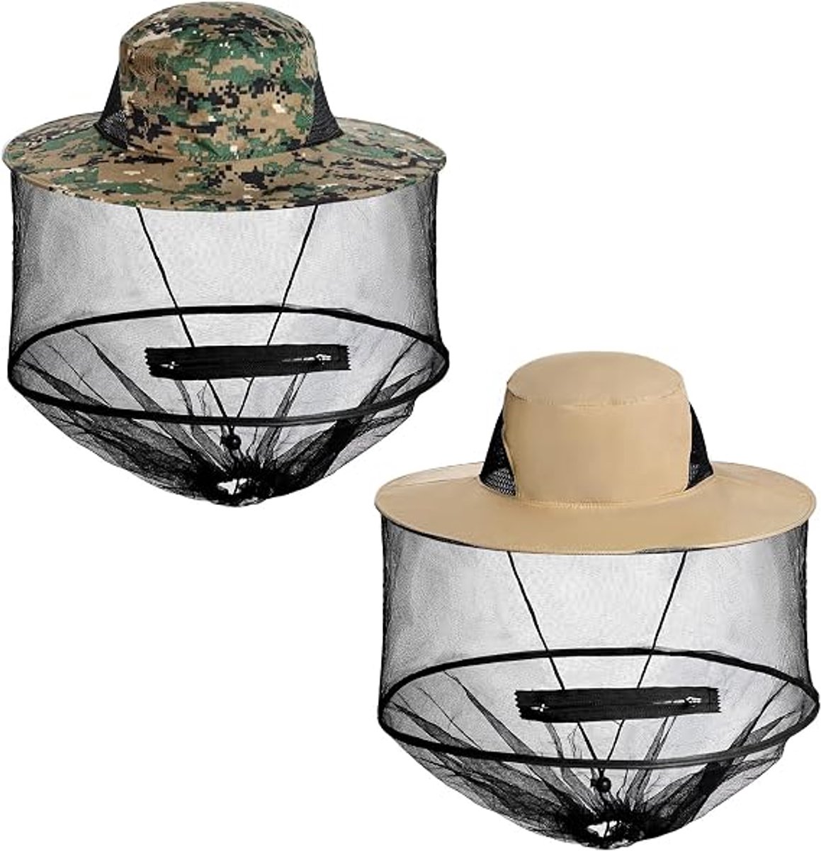 Set van 2 stuks - Muggenwerende hoed - Vissershoed - Hoofdband - Polyester materiaal - Zonwerende hoed - Verstelbaar - Opvouwbaar - Draagbare bijenbestendige outdoorhoed - Diameter 37 cm - Groen/beige
