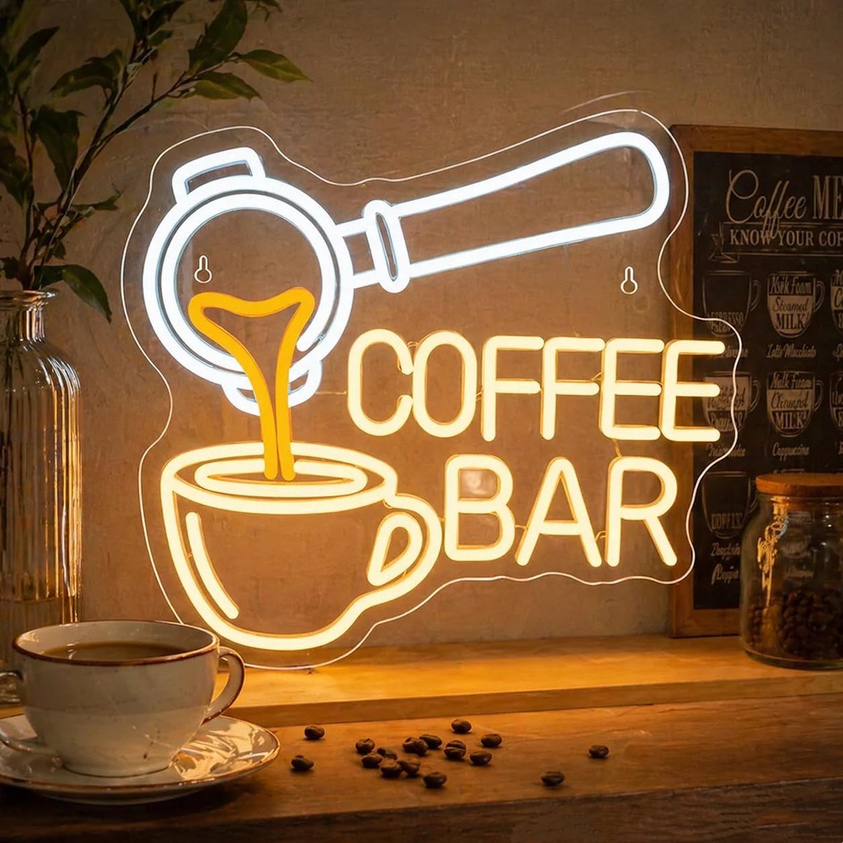 Neonlicht, USB-voeding, led-muurdecoratie met koffieportafilter en kopje, dimbaar, warm wit neonbord voor keuken, café, thuisbar, koffieliefhebber cadeau