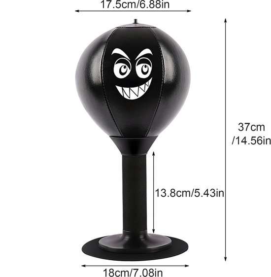 Zwarte boksbal met een boos gezicht erop, 37cm hoog.