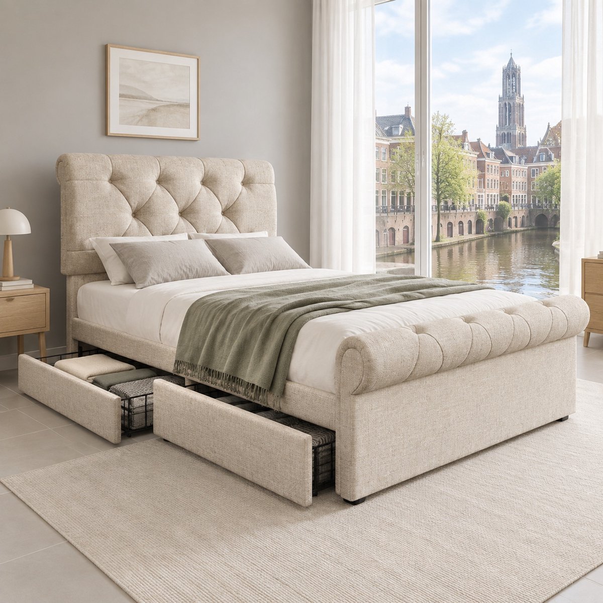 WUVRIE Eenpersoonsbed 90x200 cm met 2 lades, verstelbaar hoofdeinde en matras, gestoffeerd in naturel