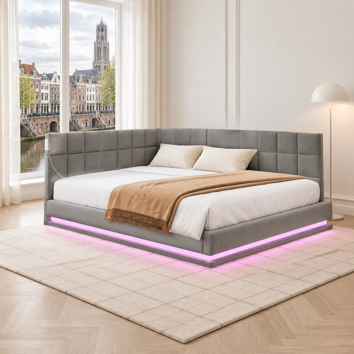 WUVRIE Gestoffeerde slaapbank 140x200 cm met LED-verlichting, USB-aansluiting en lattenbodem, grijs, zonder matras