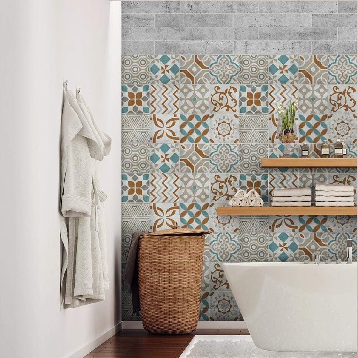 Tegelstickers Badkamer en Keuken 24 Pcs 10x10 cm - PS00205 Wanddecoratie van PVC Waterbestendig Tegels Mozaïek Cementtegels in Azulejos-stijl