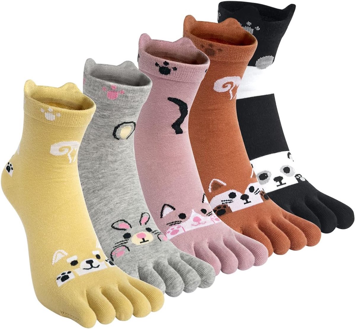 Sokken dames katoenen vijfvingerige sokken 5-vingerige sokken schattige nieuwigheid dierenpatroon sneaker sokken veelkleurig voor sport hardlopen - 5 paar